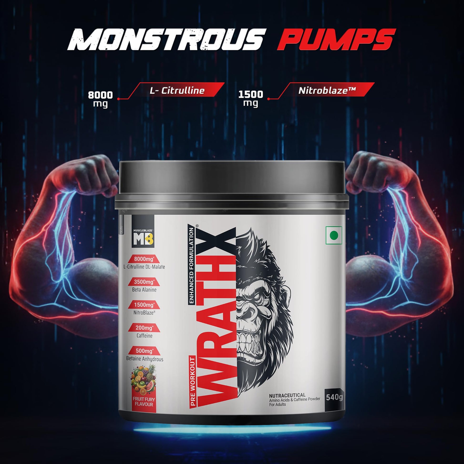 MuscleBlaze WrathX PUMP Pre-Workout Powder with Citrulline & Nitrosigine, Unisex Supplement - label detail (42)
