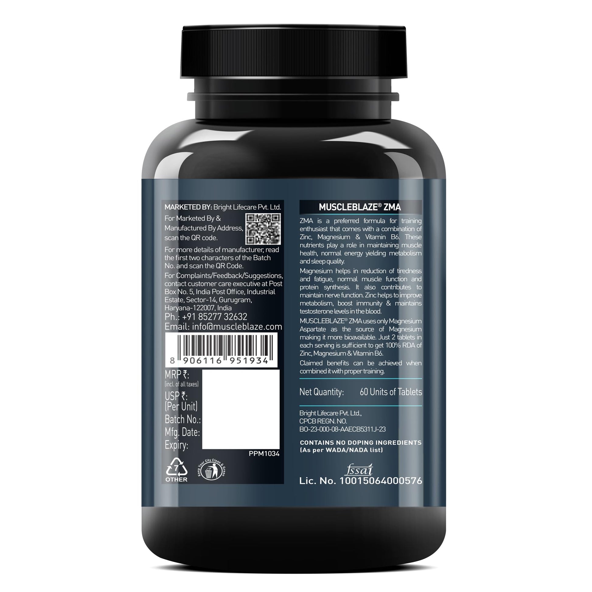MuscleBlaze ZMA Nutritional Supplement, 60 Tablets, Zinc Magnesium Vitamin B6 Formula - back view
