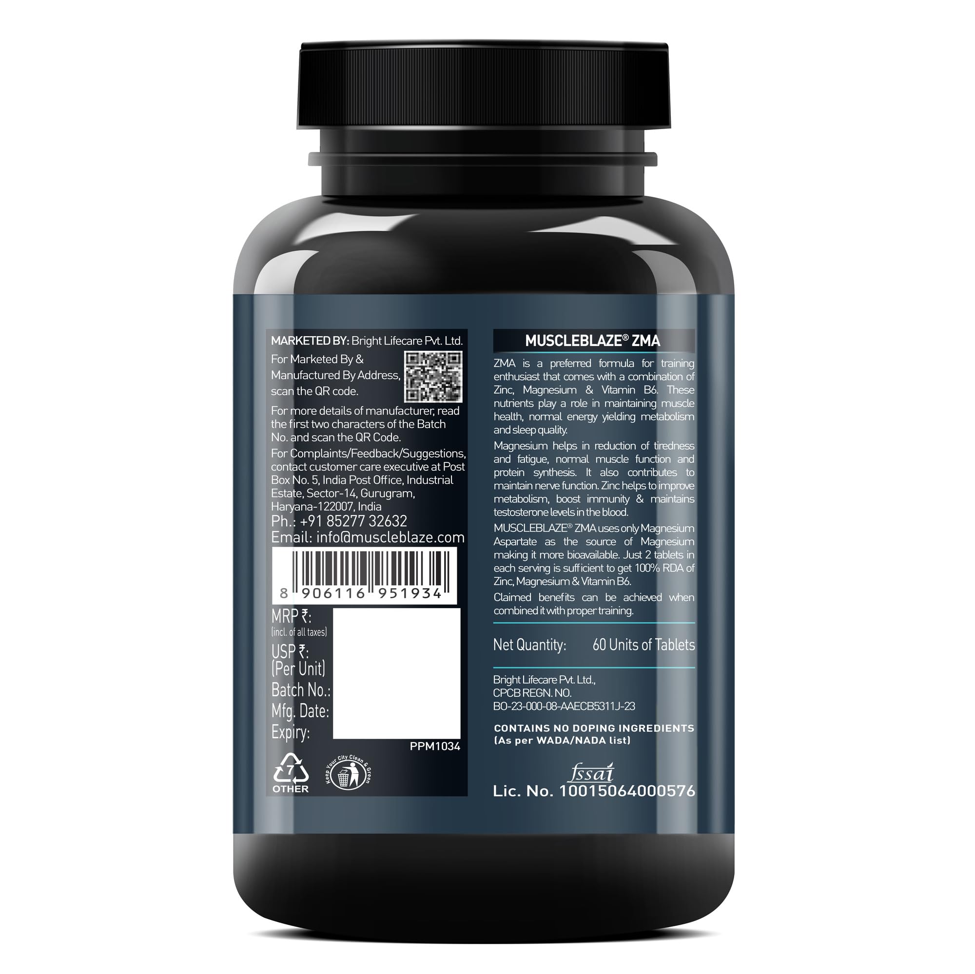 MuscleBlaze ZMA Nutritional Supplement, 60 Tablets, Zinc Magnesium Vitamin B6 Formula - back view