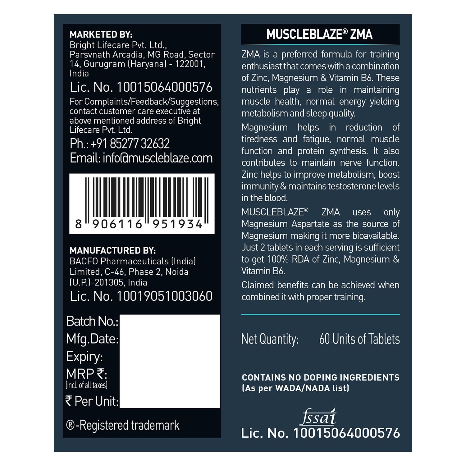 MuscleBlaze ZMA Nutritional Supplement, 60 Tablets, Zinc Magnesium Vitamin B6 Formula - label detail