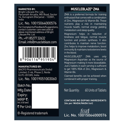 MuscleBlaze ZMA Nutritional Supplement, 60 Tablets, Zinc Magnesium Vitamin B6 Formula - label detail