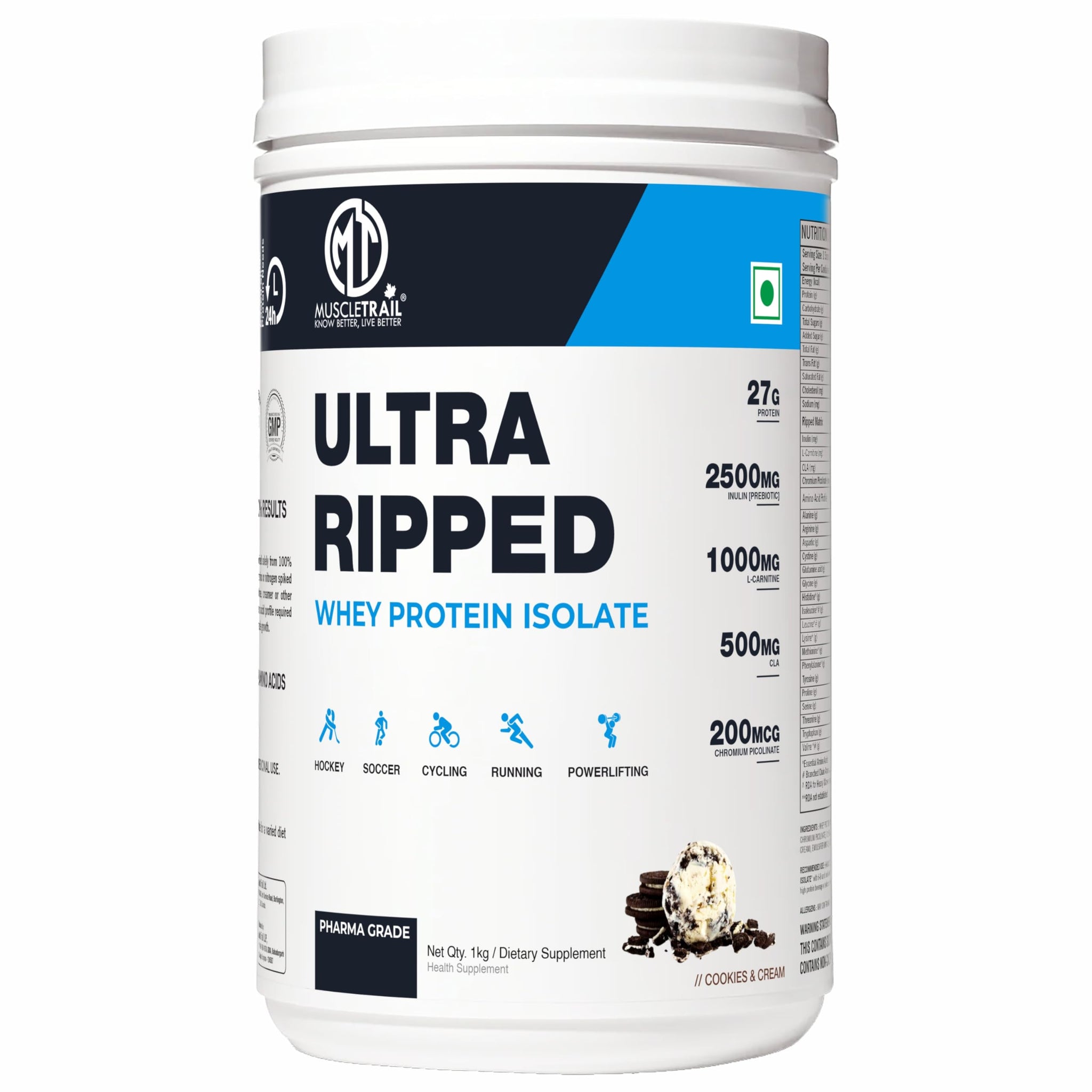 MUSCLETRAIL Pharma Grade Whey Protein Isolate Powder, 1KG, 27g Protein Per Serving (10)