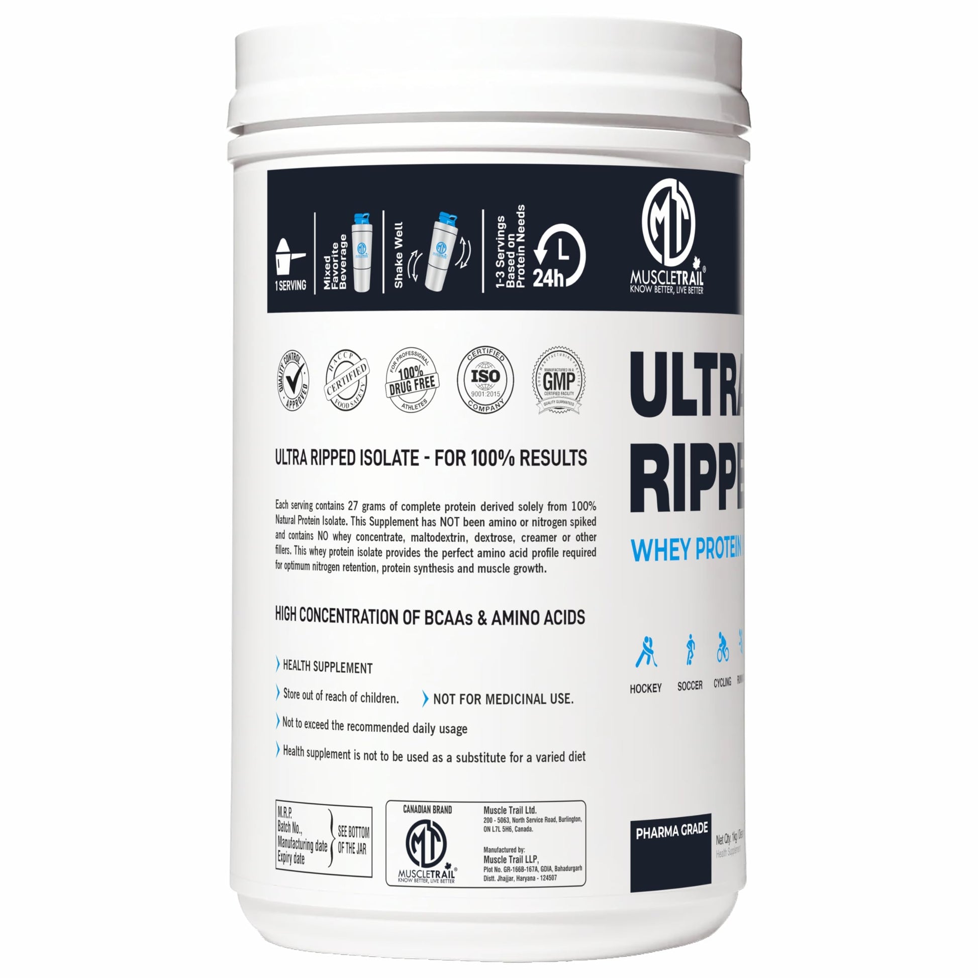 MUSCLETRAIL Pharma Grade Whey Protein Isolate Powder, 1KG, 27g Protein Per Serving - front view