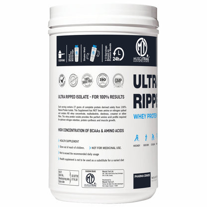 MUSCLETRAIL Pharma Grade Whey Protein Isolate Powder, 1KG, 27g Protein Per Serving - front view