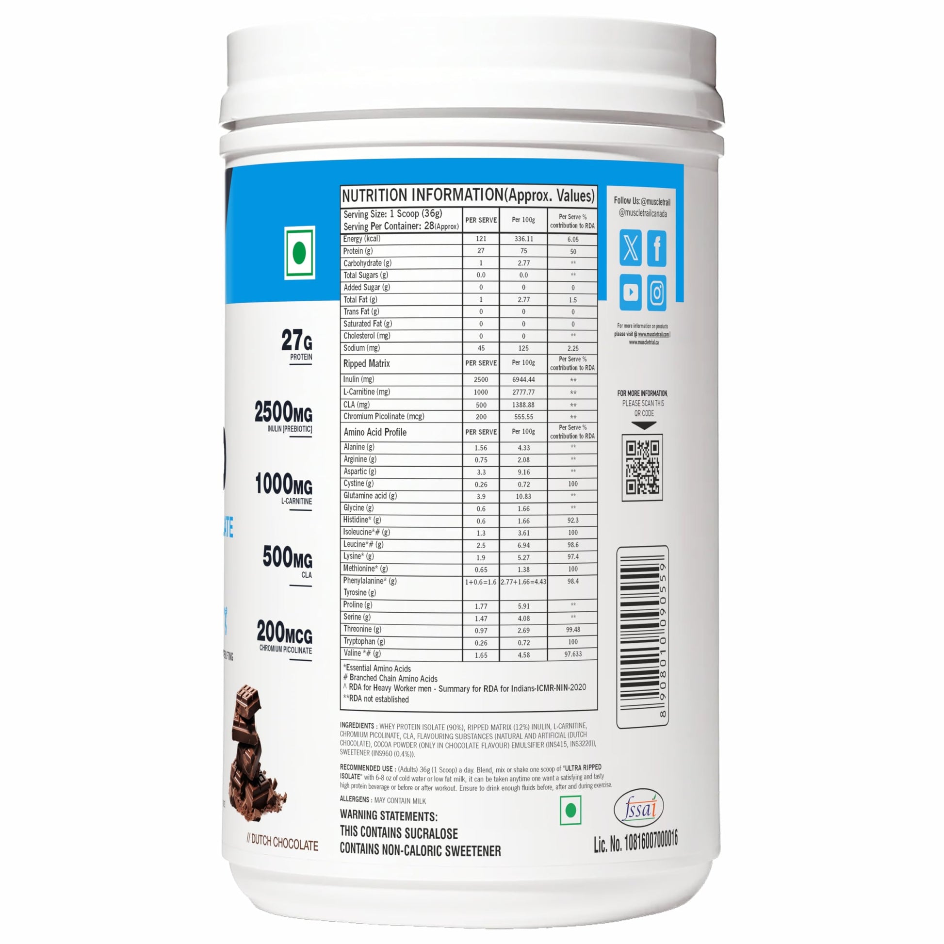 MUSCLETRAIL Pharma Grade Whey Protein Isolate Powder, 1KG, 27g Protein Per Serving - back view