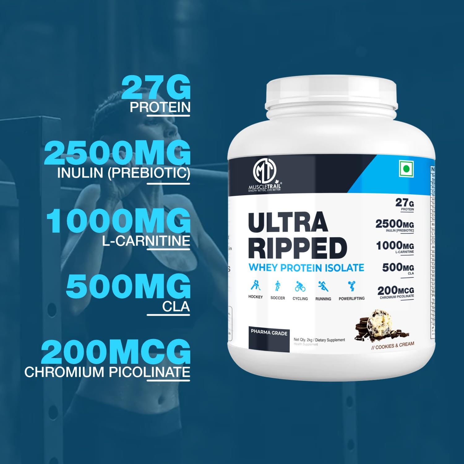 MUSCLETRAIL Pharma Grade Whey Protein Isolate Powder, 1KG, 27g Protein Per Serving - label detail