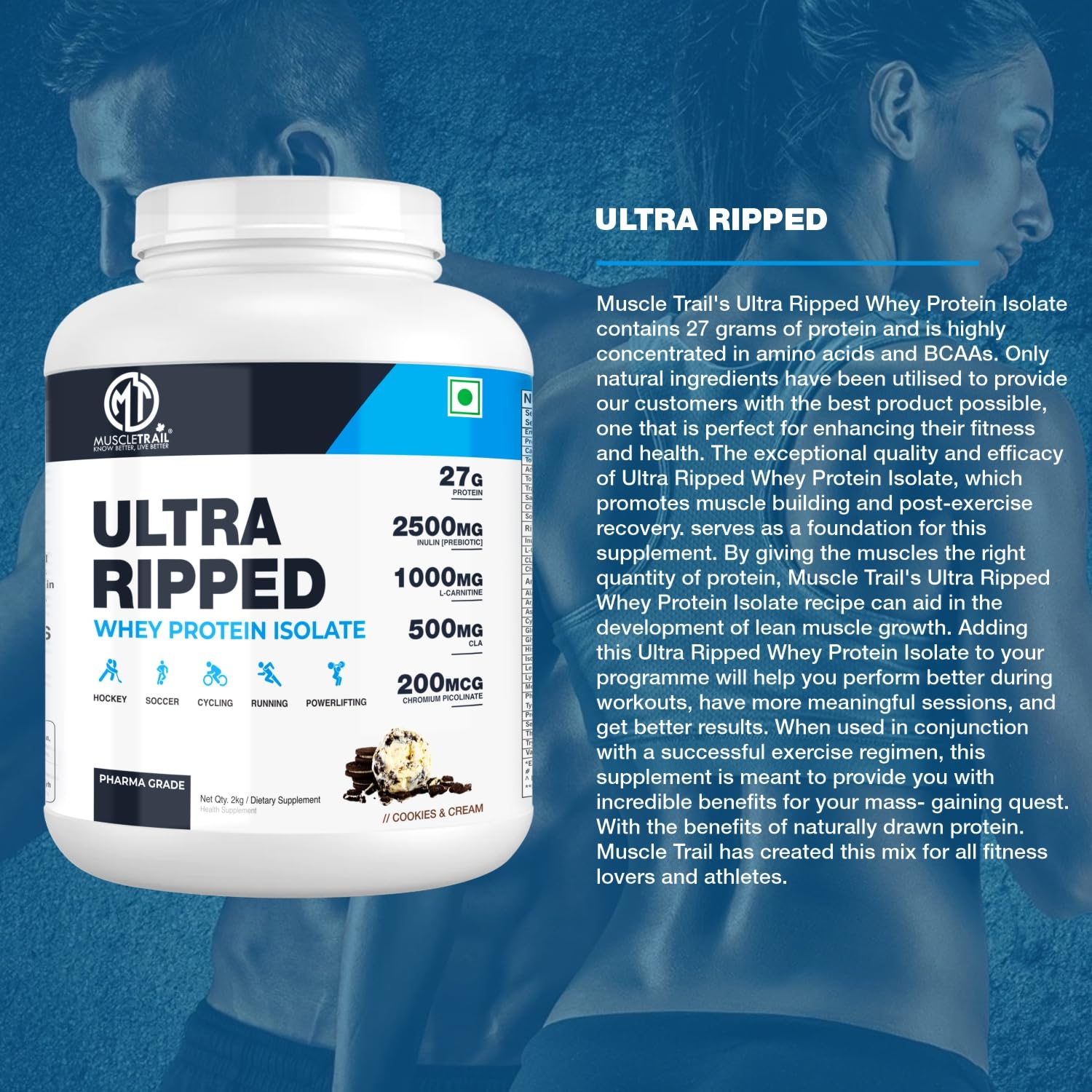 MUSCLETRAIL Pharma Grade Whey Protein Isolate Powder, 1KG, 27g Protein Per Serving - size and scale