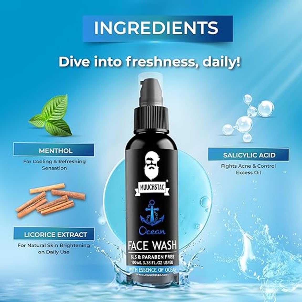 Muuchstac Face Wash for Men, Ocean Scent, Multi-Action Formula with Licorice Extract and Menthol - label detail (11)