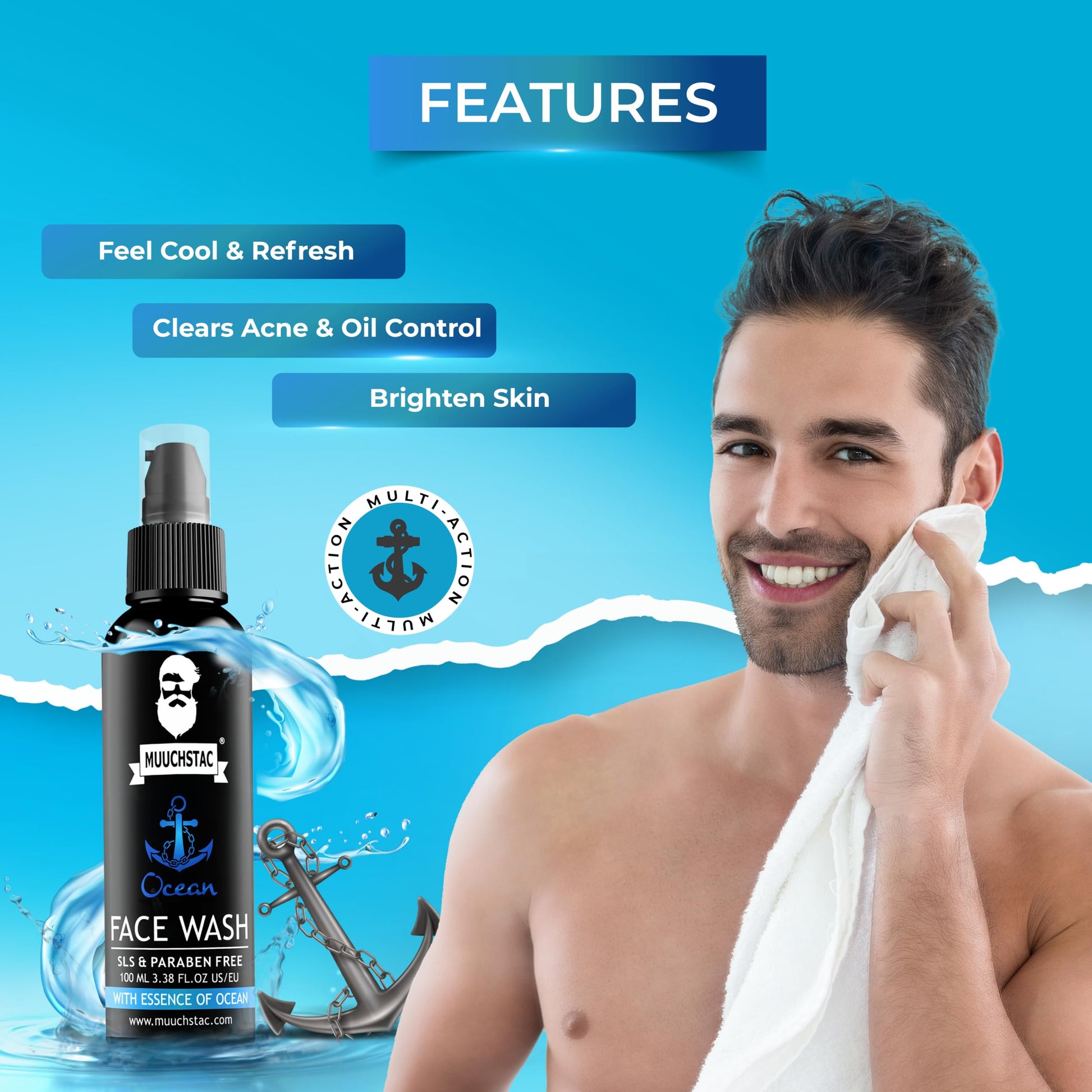 Muuchstac Face Wash for Men, Ocean Scent, Multi-Action Formula with Licorice Extract and Menthol - front view (14)