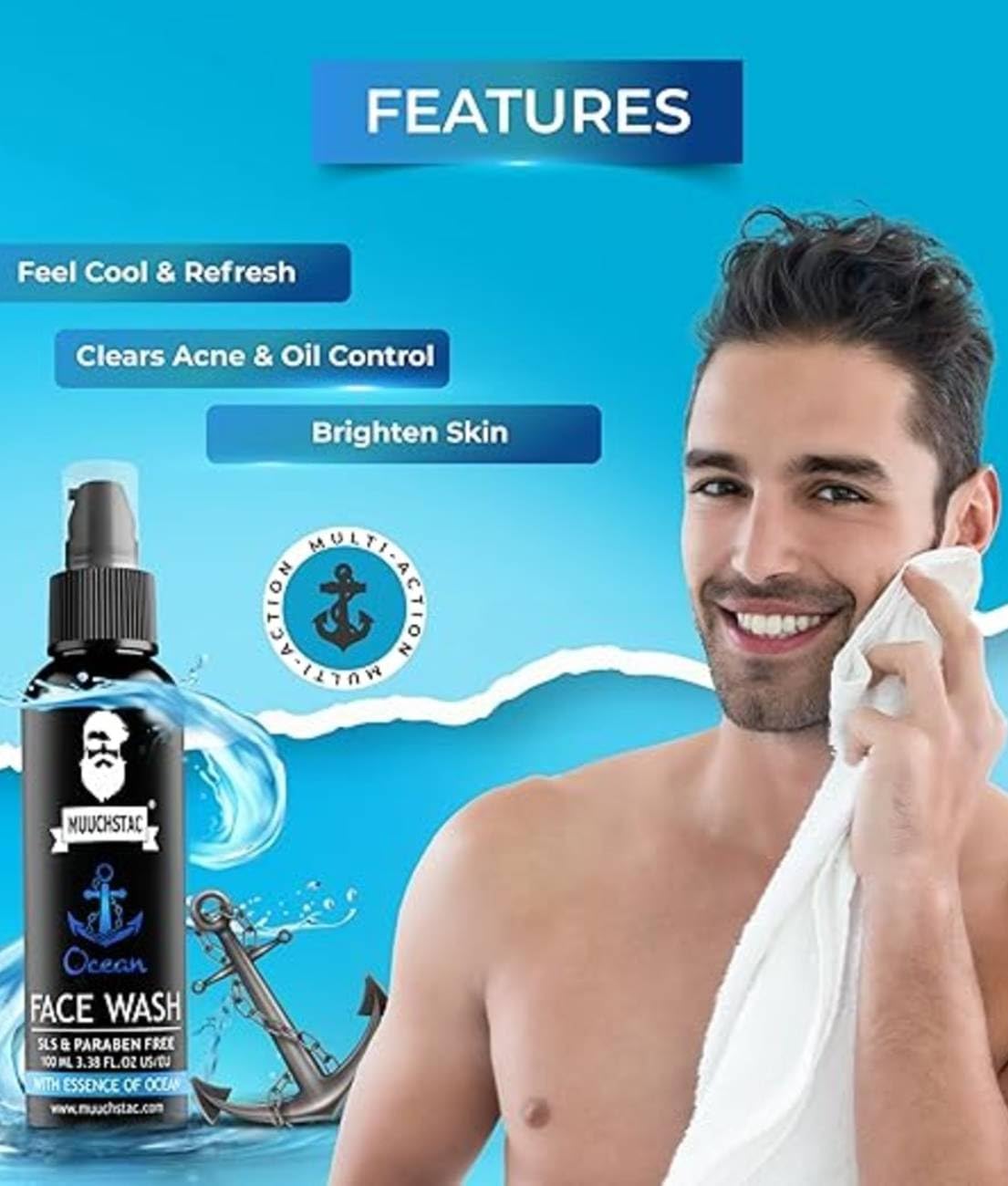 Muuchstac Face Wash for Men, Ocean Scent, Multi-Action Formula with Licorice Extract and Menthol - front view