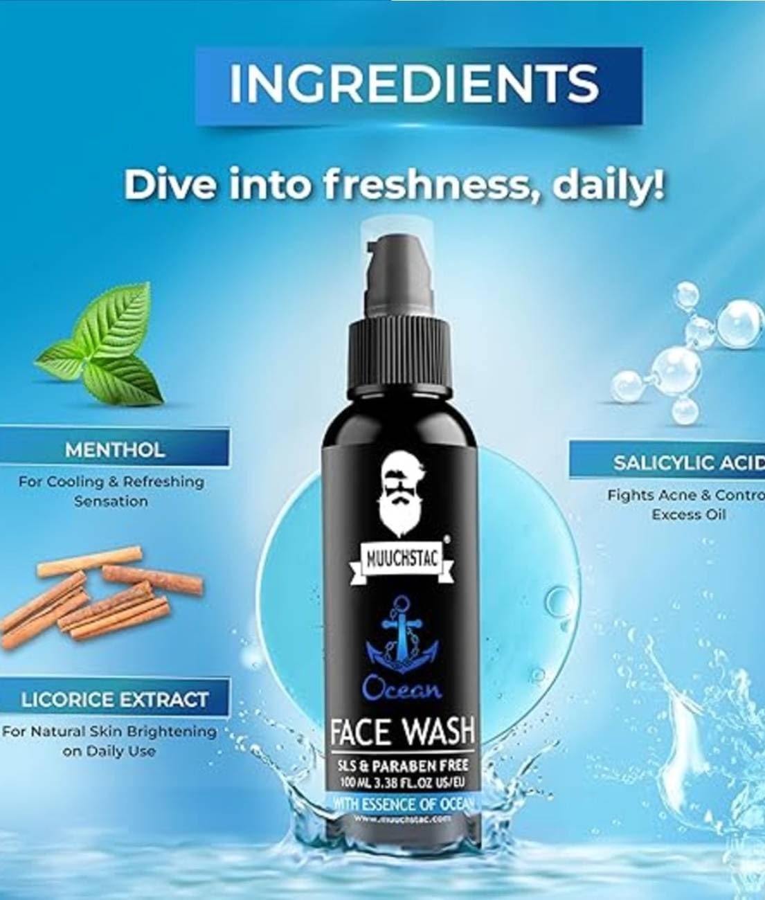 Muuchstac Face Wash for Men, Ocean Scent, Multi-Action Formula with Licorice Extract and Menthol - packaging