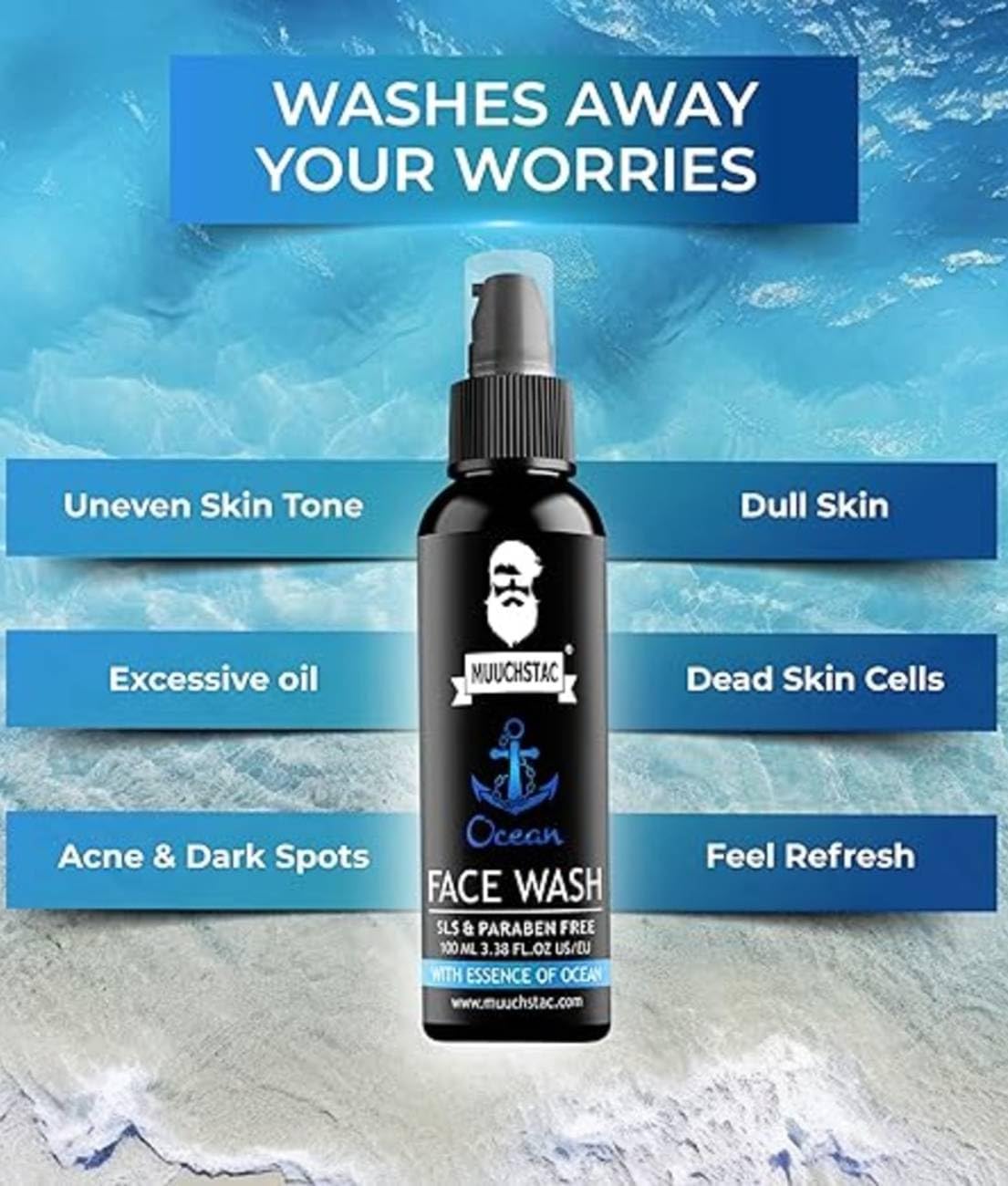 Muuchstac Face Wash for Men, Ocean Scent, Multi-Action Formula with Licorice Extract and Menthol - label detail