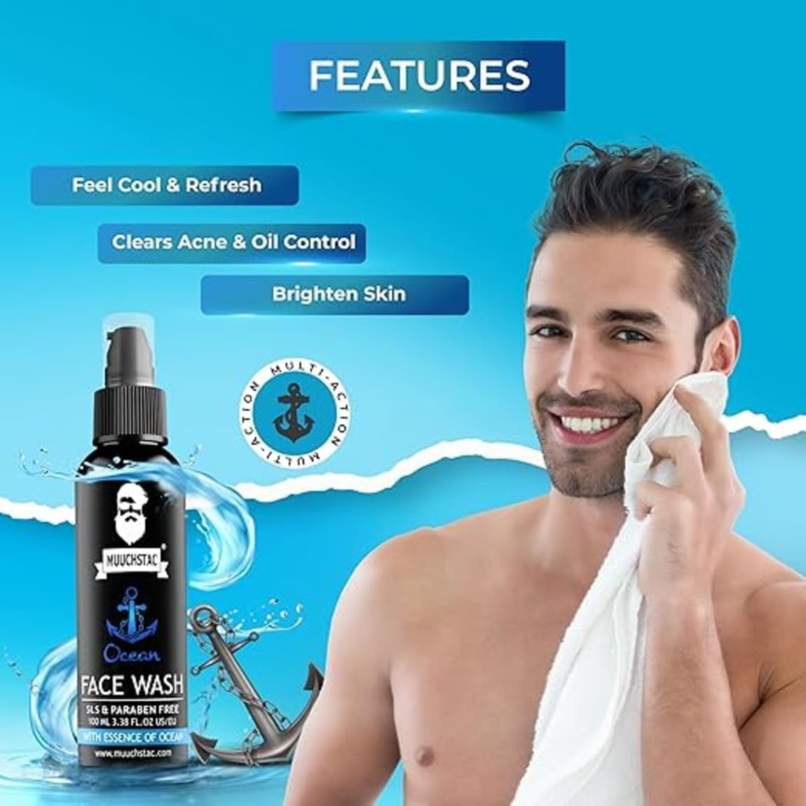 Muuchstac Face Wash for Men, Ocean Scent, Multi-Action Formula with Licorice Extract and Menthol - front view (8)