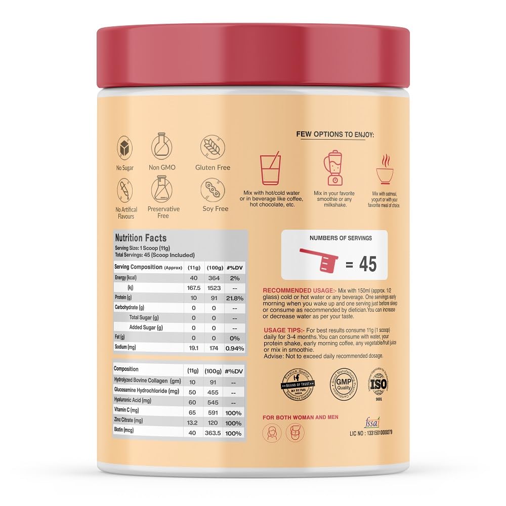 MyFitFuel Hydrolyzed Bovine Collagen Powder, Type 1 & 3, with Biotin, Hyaluronic Acid, Zinc, Vitamin C & Glucosamine - size a