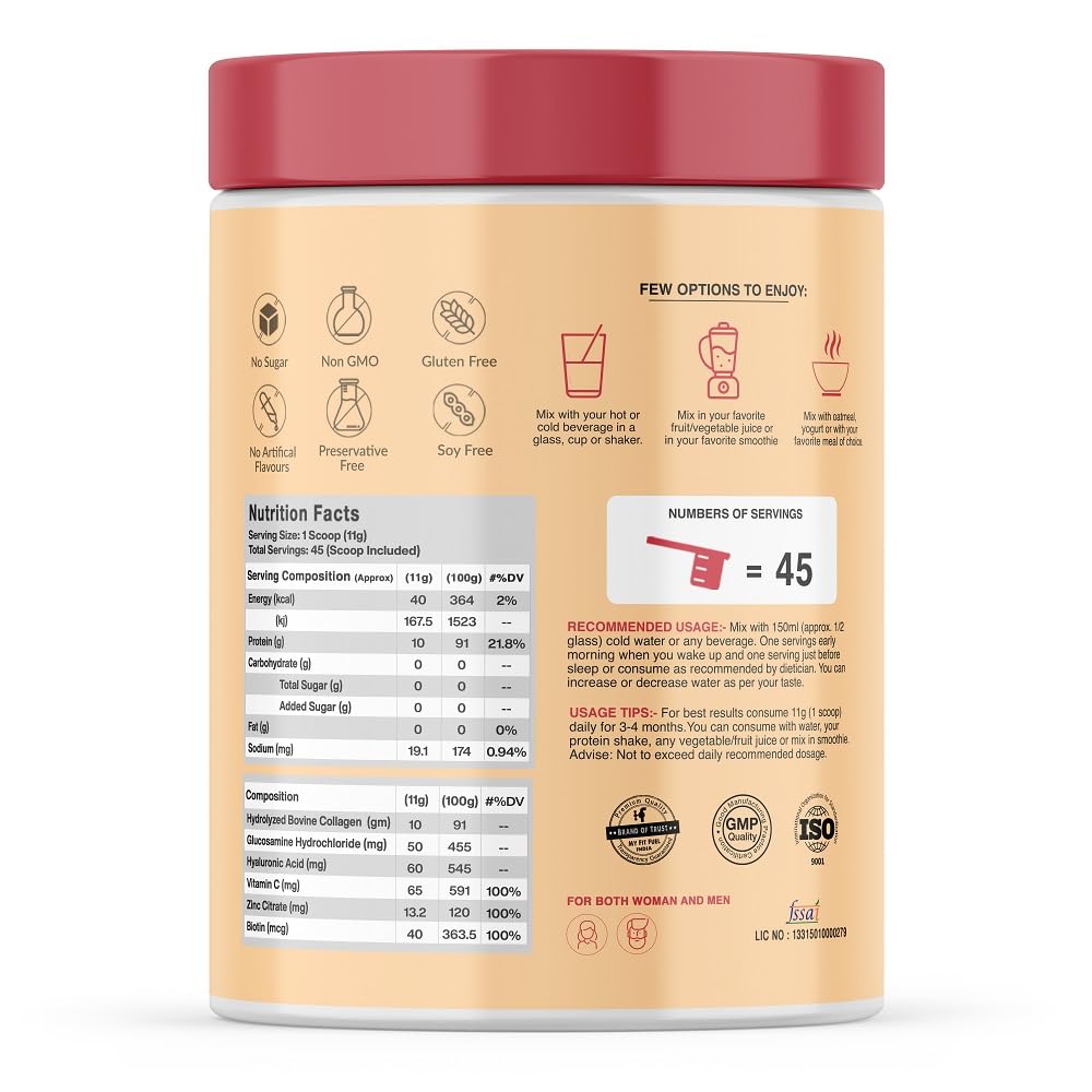 MyFitFuel Hydrolyzed Bovine Collagen Powder, Type 1 & 3, with Biotin, Hyaluronic Acid, Zinc, Vitamin C & Glucosamine - size a