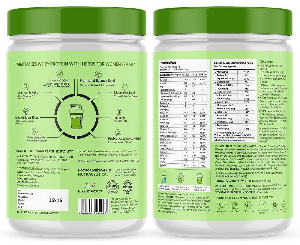 MyFitFuel Women Clean Whey Protein Powder, Chocolate Delight with Ayurvedic Herbs & Multivitamins - ingredients panel (11)