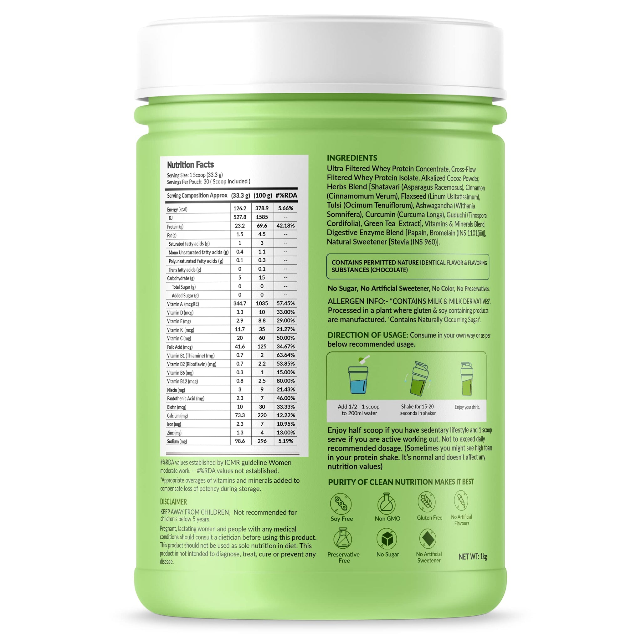 MyFitFuel Women Clean Whey Protein Powder, Chocolate Delight with Ayurvedic Herbs & Multivitamins - label detail