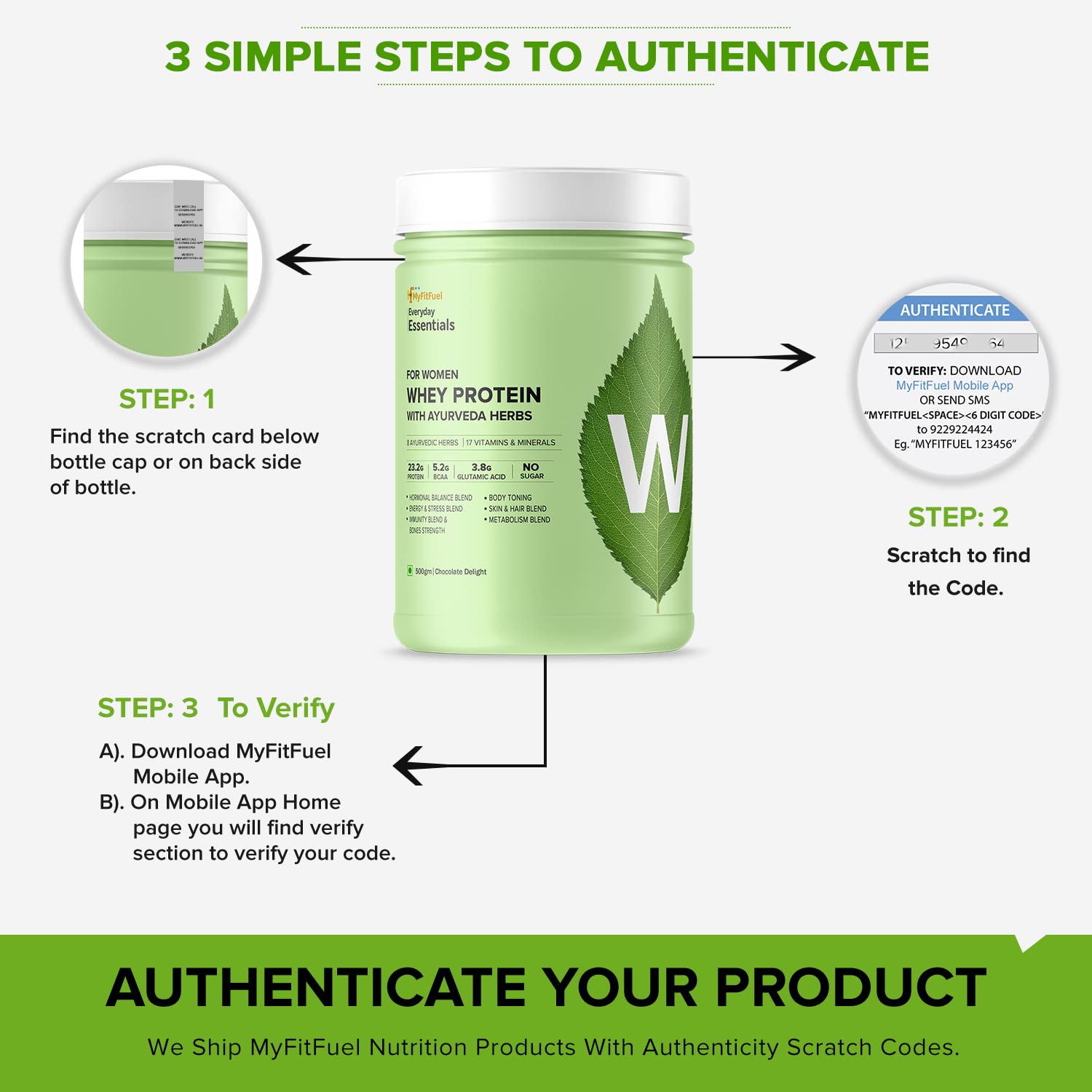 MyFitFuel Women Clean Whey Protein Powder, Chocolate Delight with Ayurvedic Herbs & Multivitamins - close-up detail