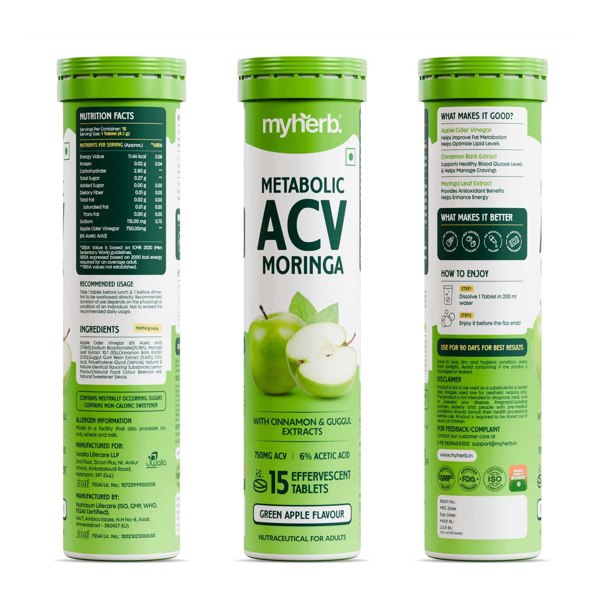 MYHERB ACV Moringa Nutritional Supplement, Effervescent Tablets, 100g, No Added Sugar, Adult Unisex - ingredients panel