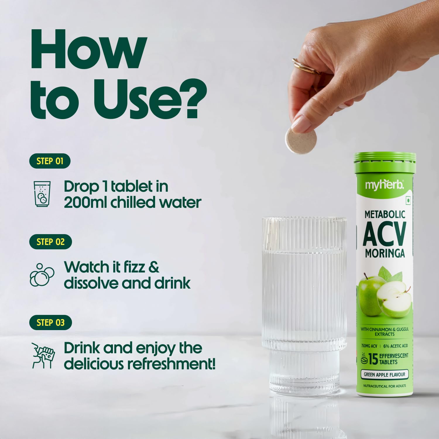 MYHERB ACV Moringa Nutritional Supplement, Effervescent Tablets, 100g, No Added Sugar, Adult Unisex - size and scale