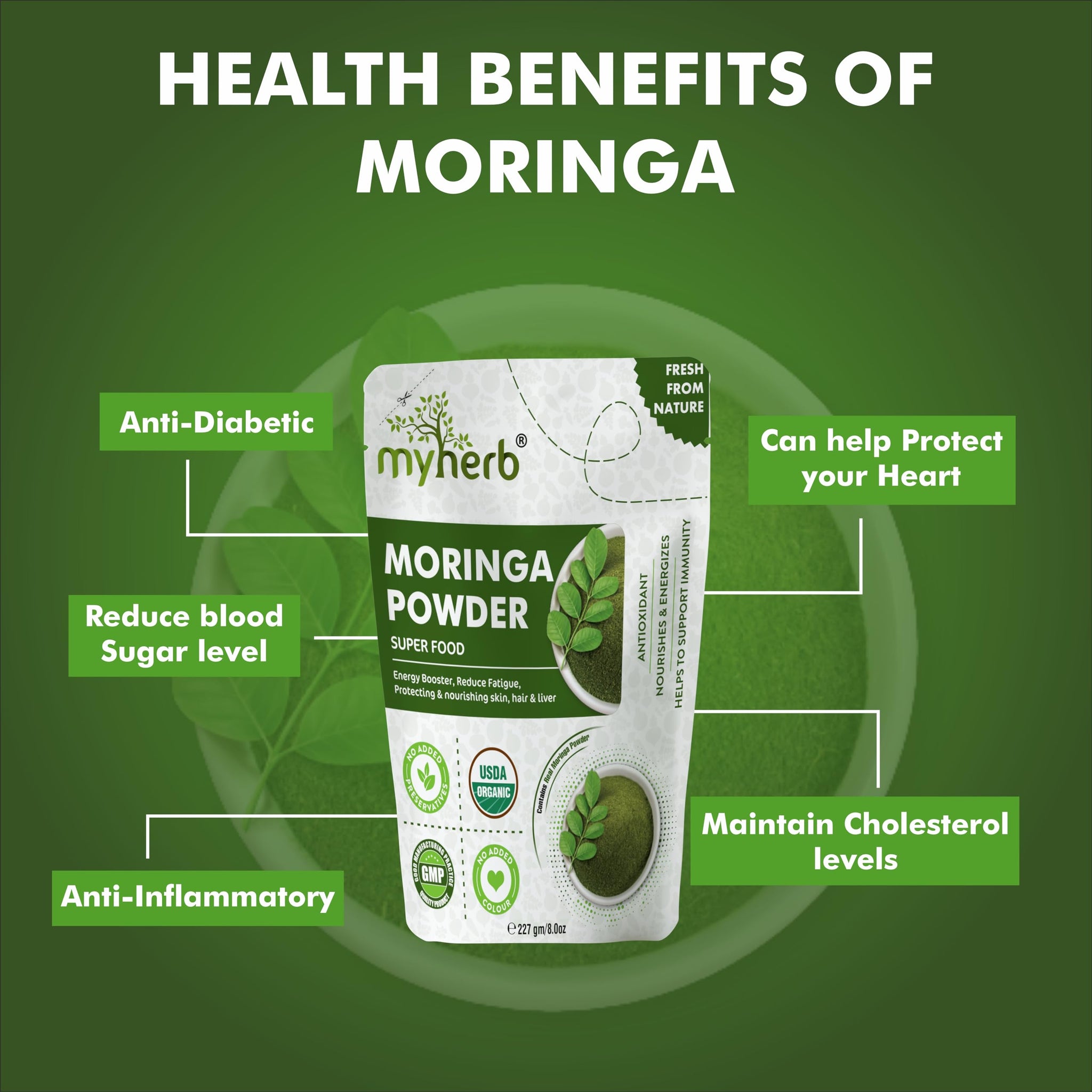 MYHERB Moringa Powder, 227g/0.5 Lbs, Fine Leaf Powder, Herbal Supplement - front view