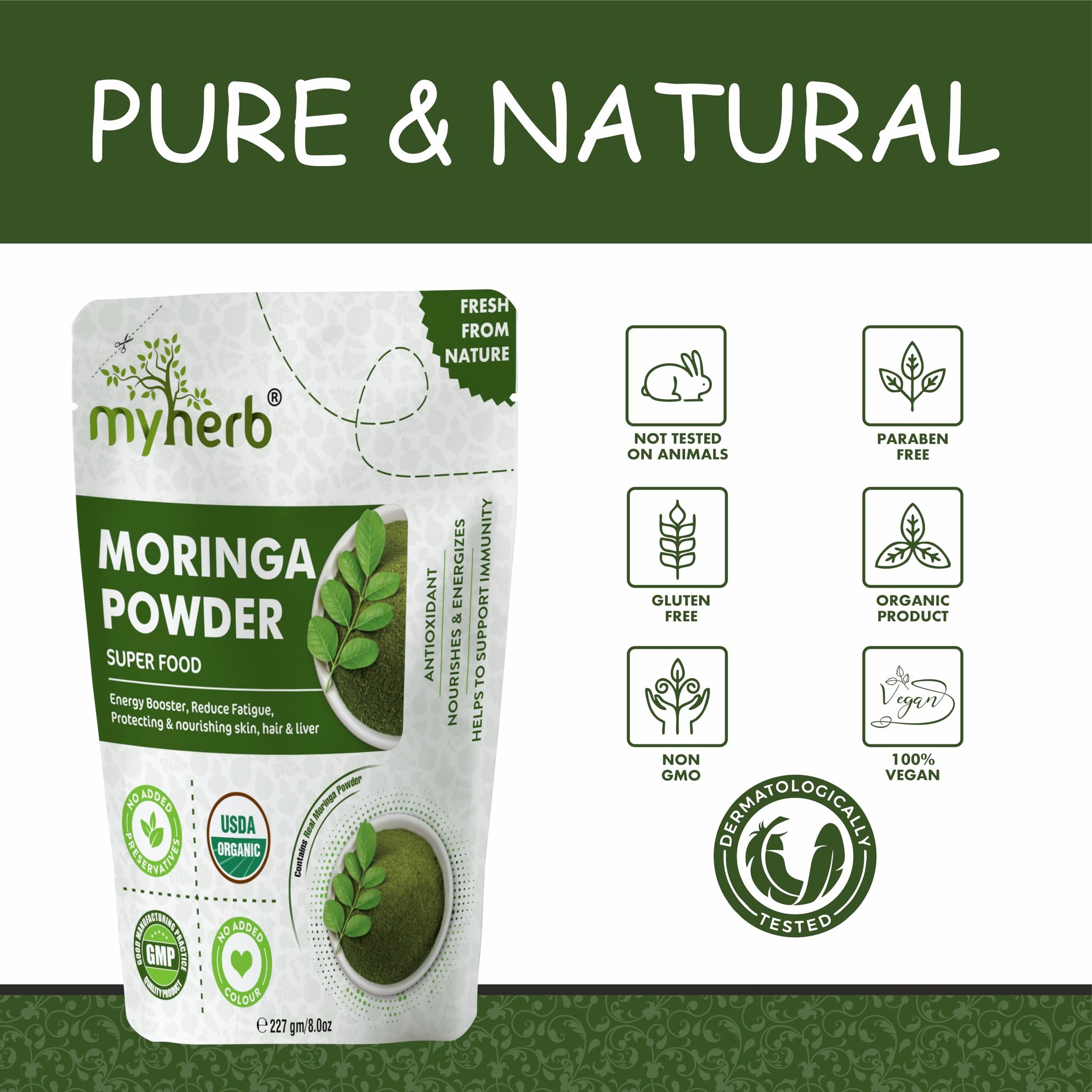 MYHERB Moringa Powder, 227g/0.5 Lbs, Fine Leaf Powder, Herbal Supplement - packaging