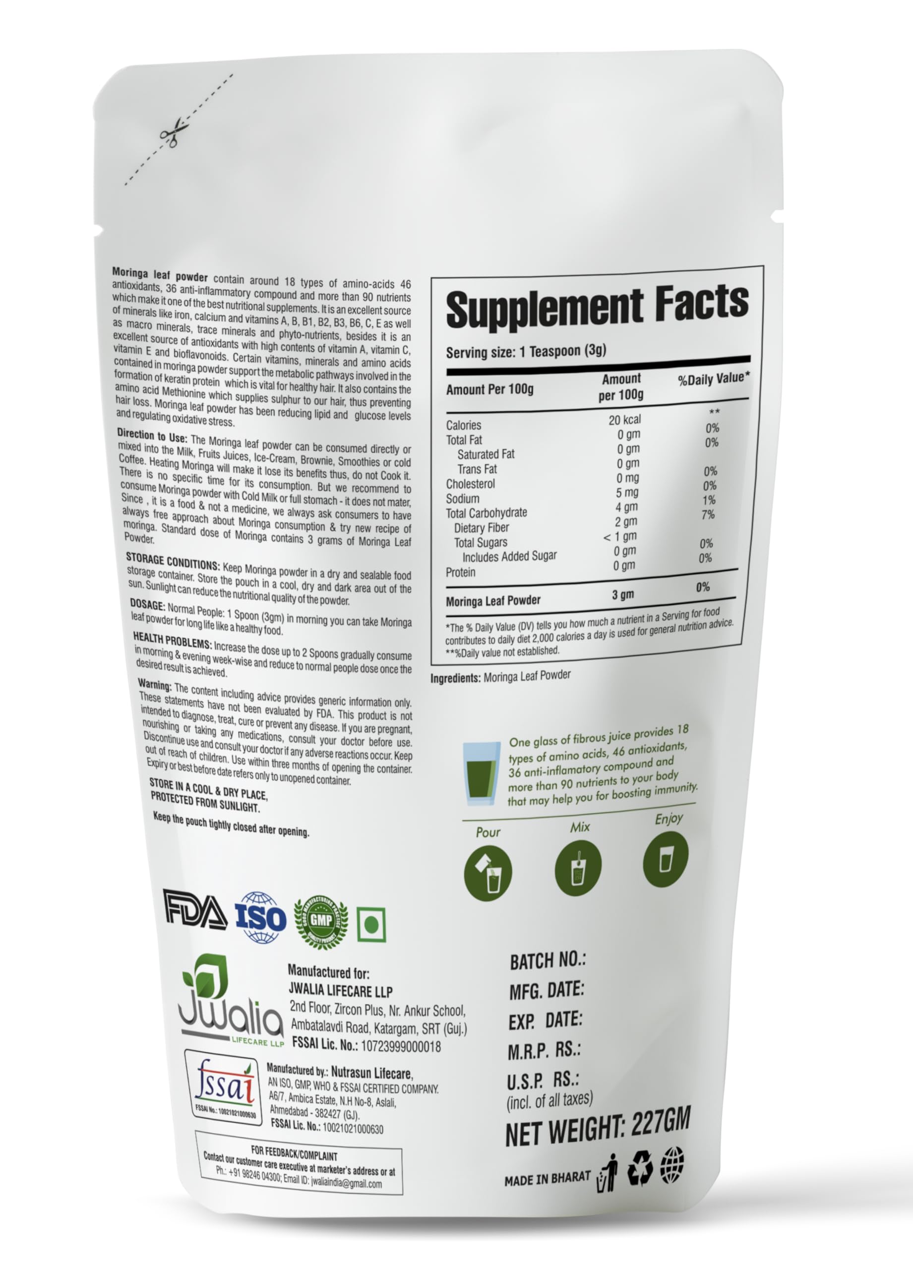 MYHERB Moringa Powder, 227g/0.5 Lbs, Fine Leaf Powder, Herbal Supplement - label detail