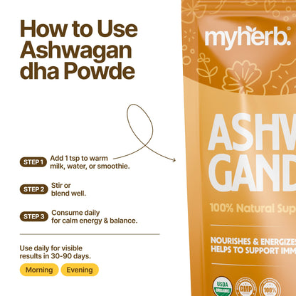 MYHERB Natural Organic Ashwagandha Powder, Herbal Supplement, 100g / 227g, Withania Somnifera - packaging (10)
