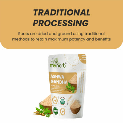 MYHERB Natural Organic Ashwagandha Powder, Herbal Supplement, 100g / 227g, Withania Somnifera - back view