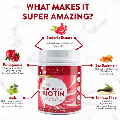 Mypro Sport Nutrition Plant Based Biotin Powder 120g Sesbania Agati, Amla, Pomegranate, Sea Buckthorn, Bamboo Shoot, Vegan, G