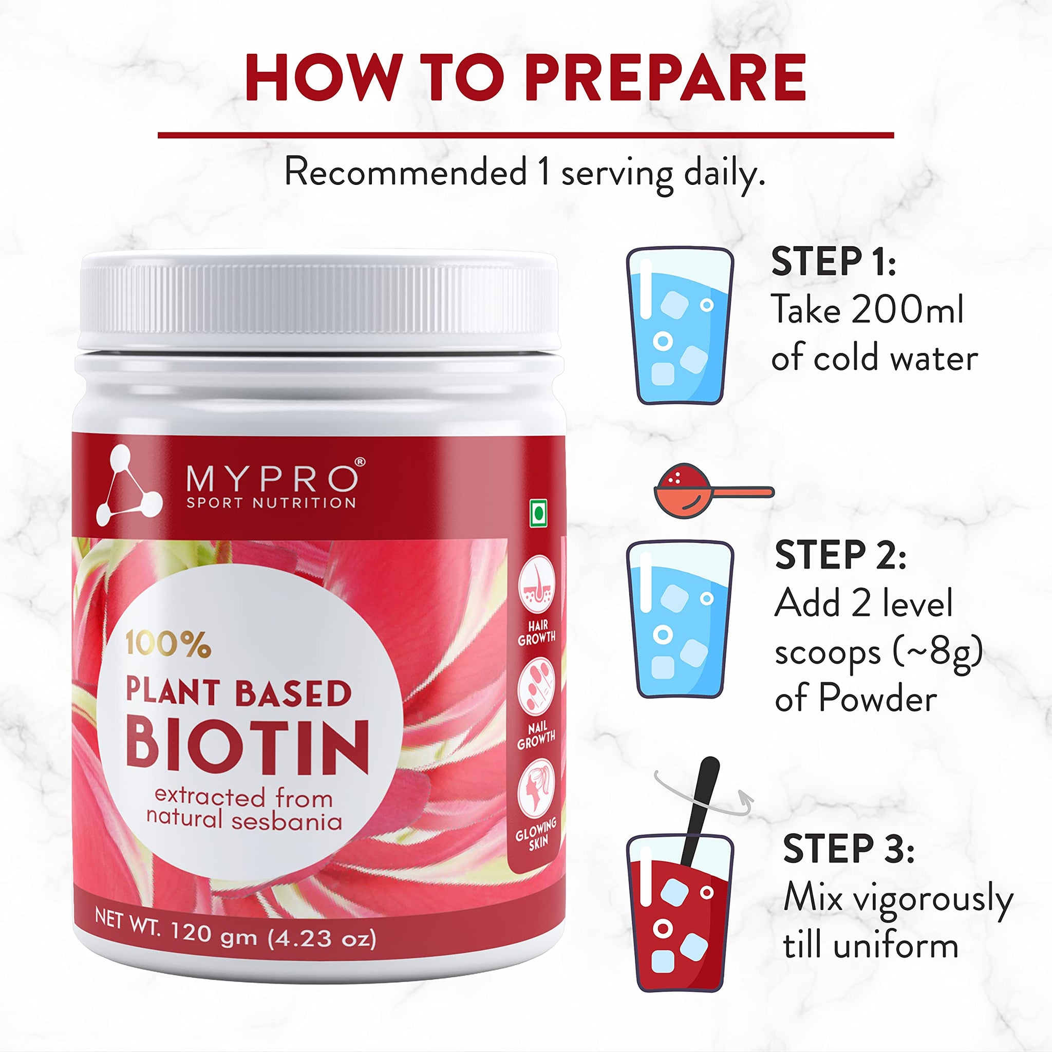 Mypro Sport Nutrition Plant Based Biotin Powder 120g Sesbania Agati, Amla, Pomegranate, Sea Buckthorn, Bamboo Shoot, Vegan, G
