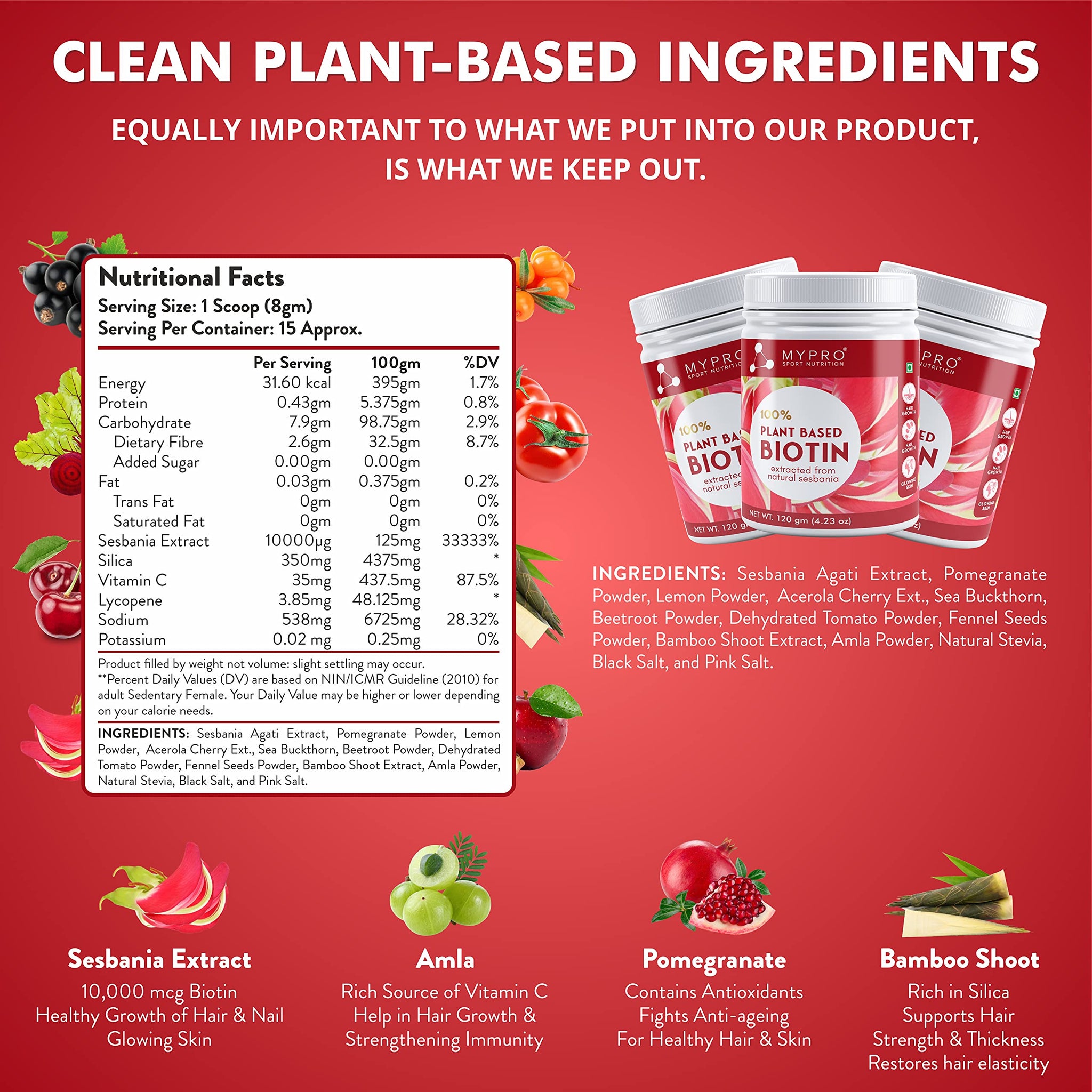 Mypro Sport Nutrition Plant Based Biotin Powder 120g Sesbania Agati, Amla, Pomegranate, Sea Buckthorn, Bamboo Shoot, Vegan, G