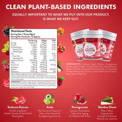 Mypro Sport Nutrition Plant Based Biotin Powder 120g Sesbania Agati, Amla, Pomegranate, Sea Buckthorn, Bamboo Shoot, Vegan, G