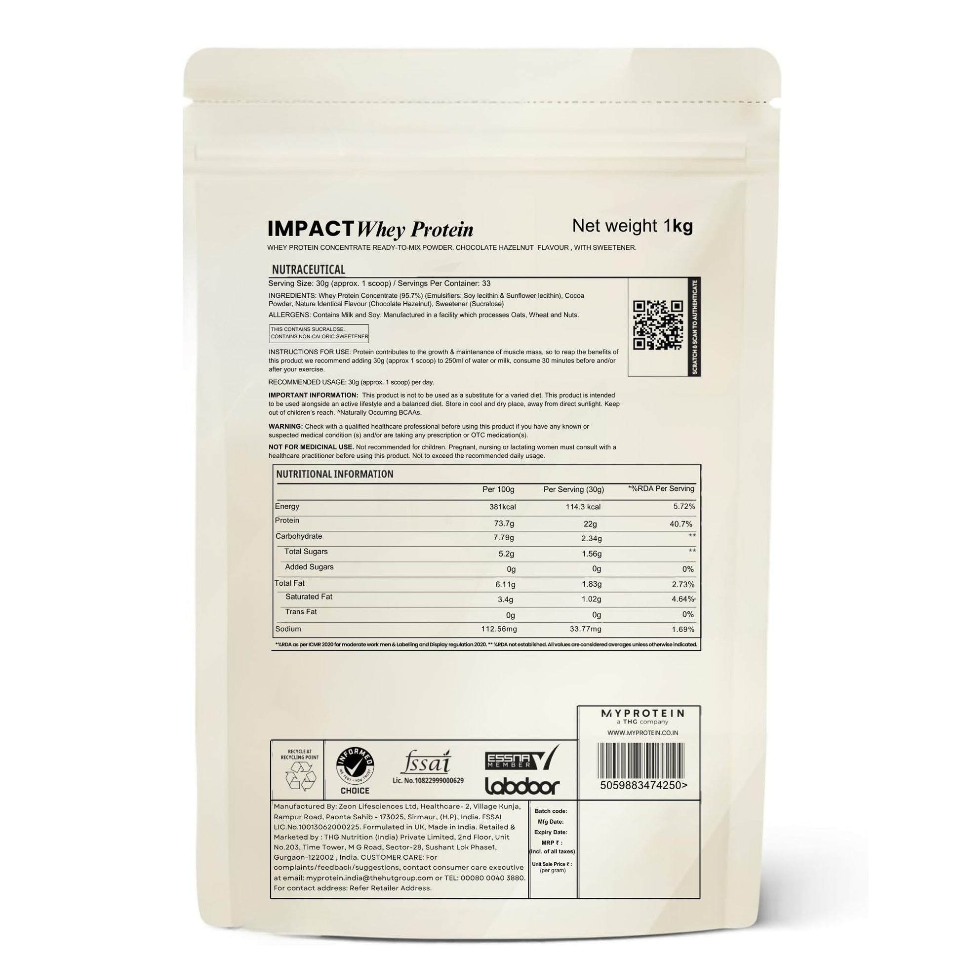 Myprotein Impact Whey Protein Concentrate Powder, 1 kg, Whey Protein Supplement - front view (14)