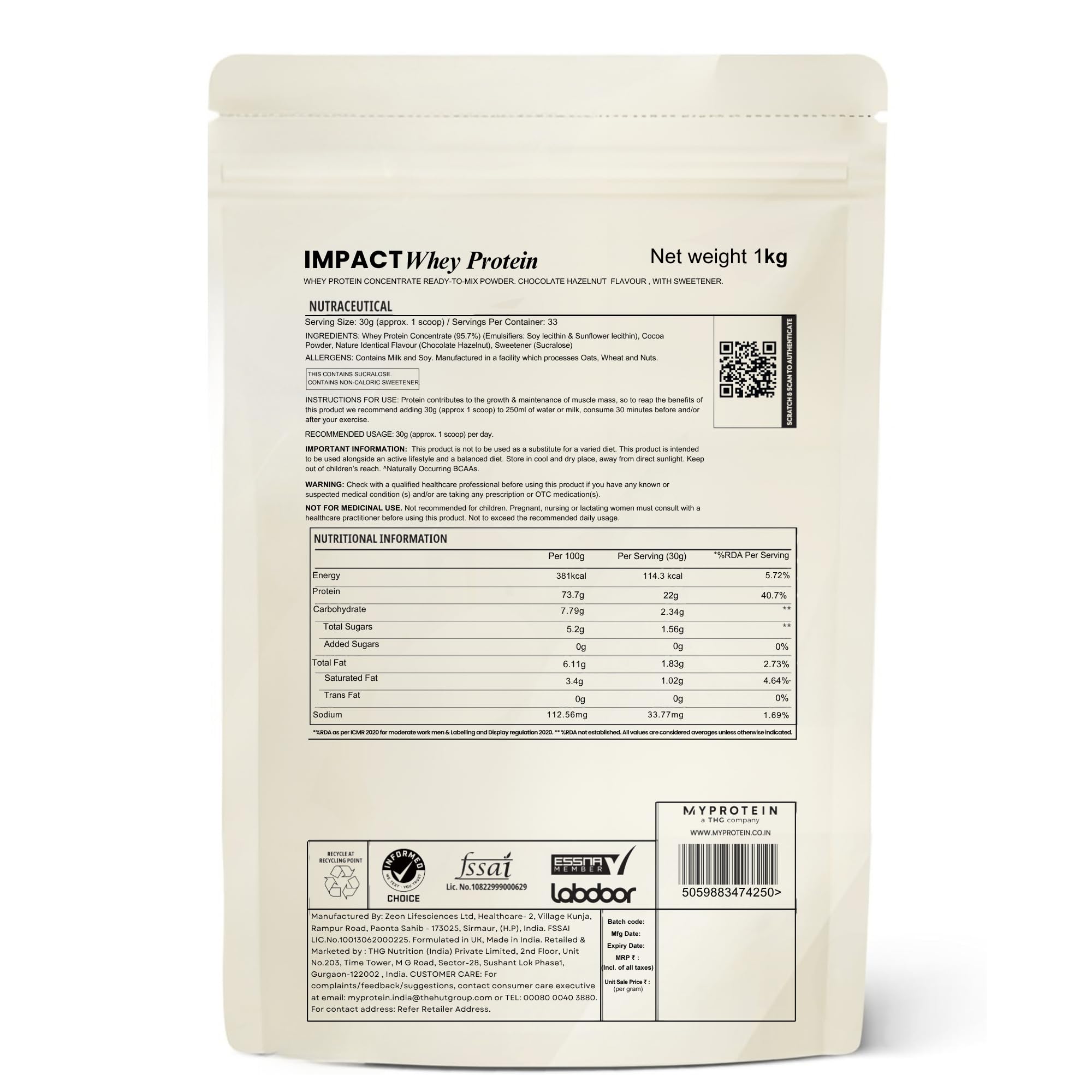 Myprotein Impact Whey Protein Concentrate Powder, 1 kg, Whey Protein Supplement - front view (14)