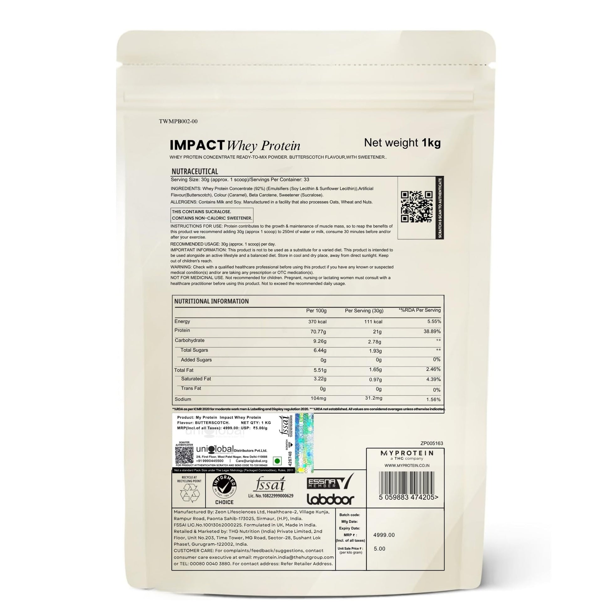 Myprotein Impact Whey Protein Concentrate Powder, 1 kg, Whey Protein Supplement - front view
