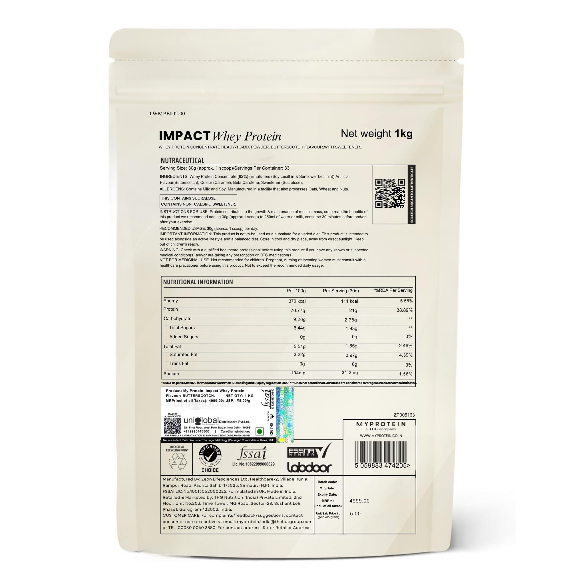 Myprotein Impact Whey Protein Concentrate Powder, 1 kg, Whey Protein Supplement - front view