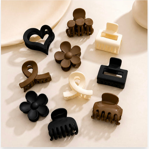 Myra Collection Small Hair Claw Clips Minimalist Set of 10 Neutral Black White Brown