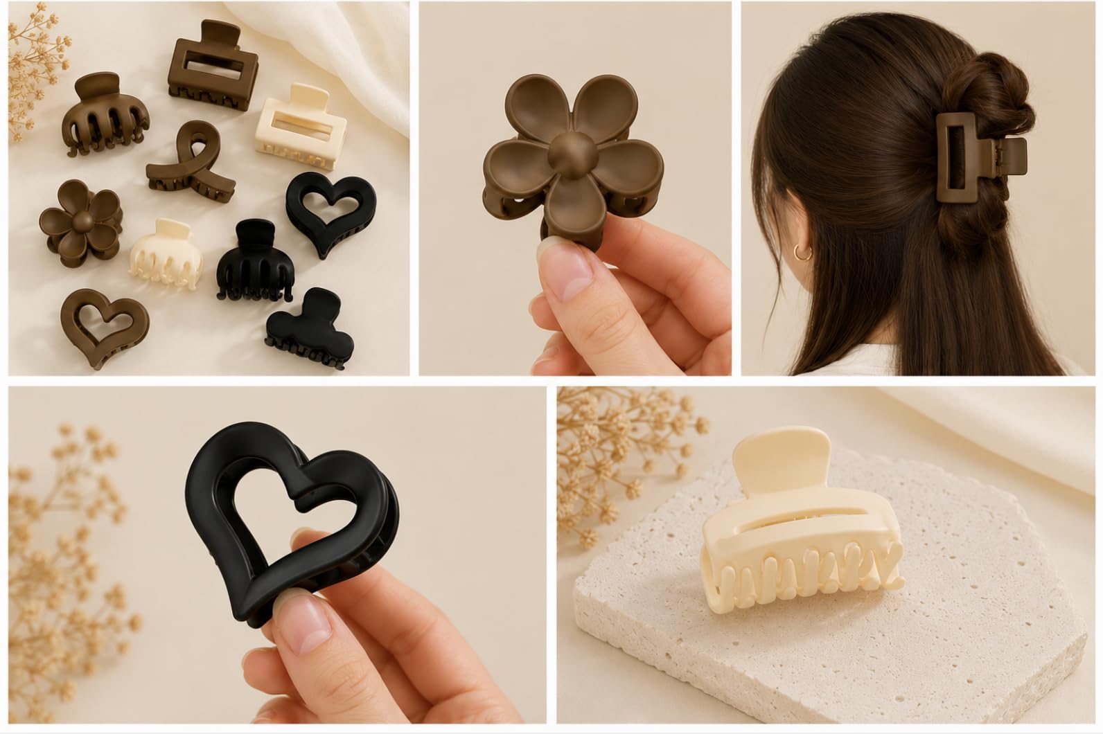 Myra Collection Small Hair Claw Clips Minimalist Set of 10 Neutral Black White Brown - front view