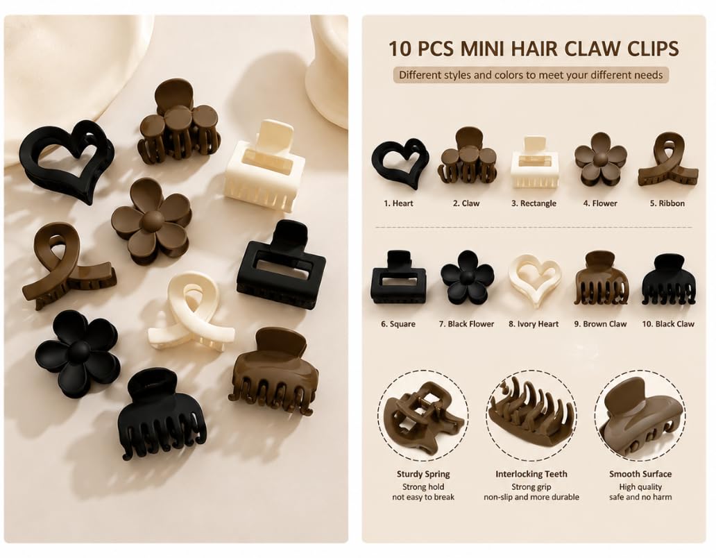 Myra Collection Small Hair Claw Clips Minimalist Set of 10 Neutral Black White Brown - packaging