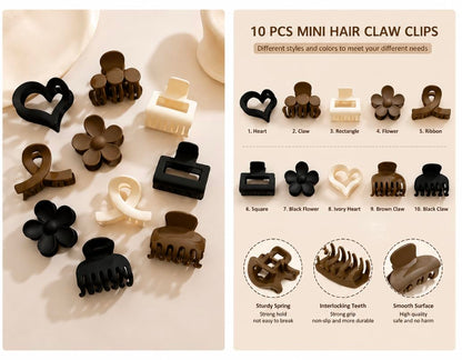 Myra Collection Small Hair Claw Clips Minimalist Set of 10 Neutral Black White Brown - packaging