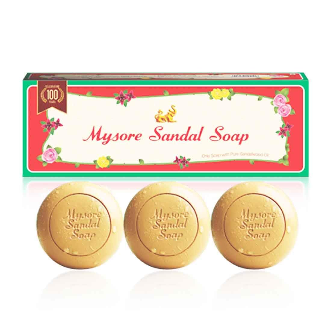 Mysore Sandal Original Bathing Soap Pack of 3, 450g (150g each), Sandalwood Scent, Solid Soap Bars - label detail