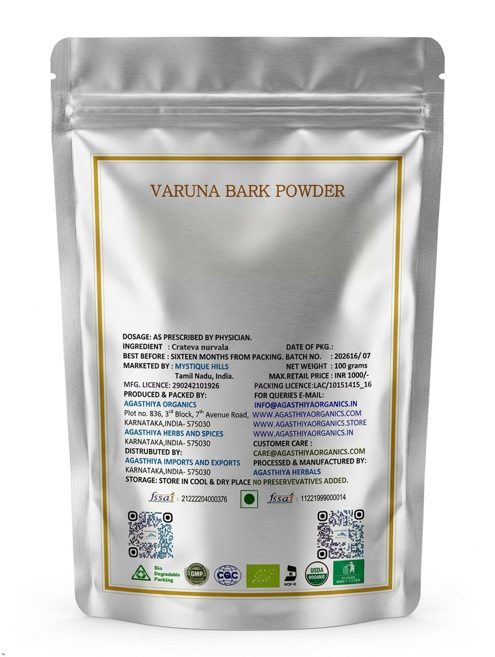 Mystique Hills Organic Varuna Tree Bark Powder, Crateva nurvala Herbal Supplement, 100 g - label detail