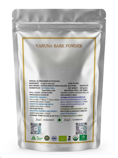 Mystique Hills Organic Varuna Tree Bark Powder, Crateva nurvala Herbal Supplement, 100 g - label detail