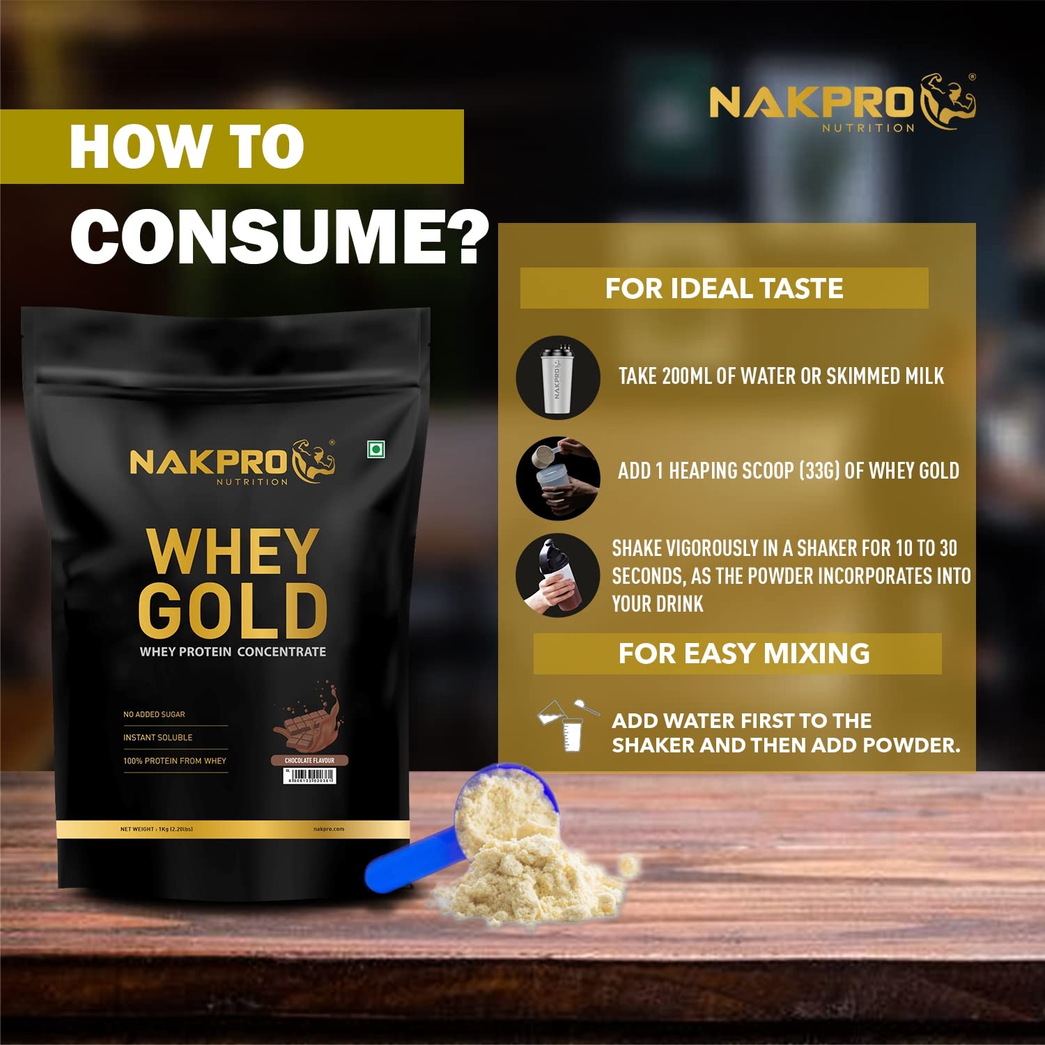 NAKPRO Gold Whey Protein Powder, Ultra-Filtered WPC and Cross-Flow WPI Blend, Adult Nutrition Supplement, 25.5g Protein Per S
