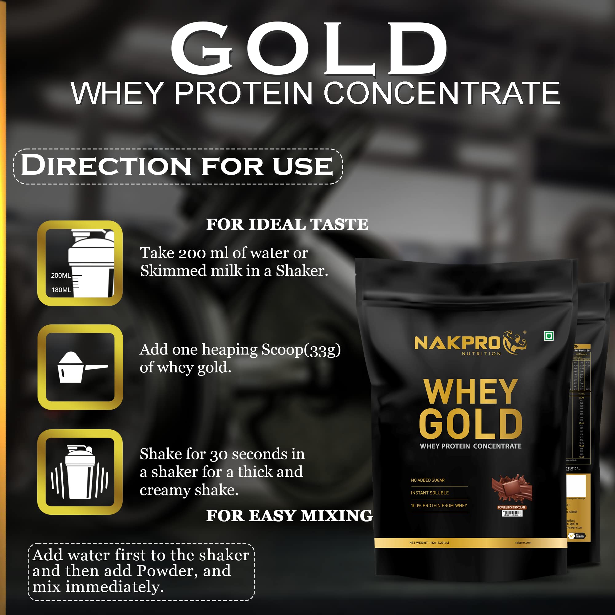 NAKPRO Gold Whey Protein Powder, Ultra-Filtered WPC and Cross-Flow WPI Blend, Adult Nutrition Supplement, 25.5g Protein Per S