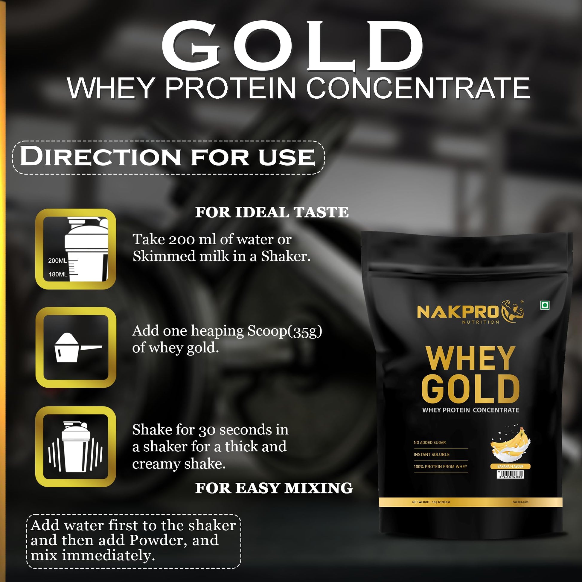 NAKPRO Gold Whey Protein Powder, Ultra-Filtered WPC and Cross-Flow WPI Blend, Adult Nutrition Supplement, 25.5g Protein Per S