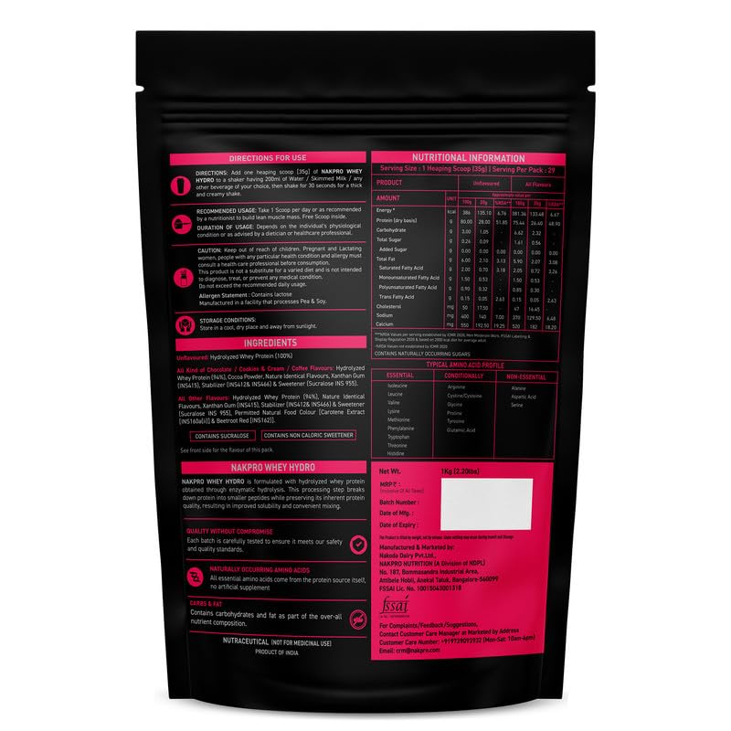 NAKPRO HYDRO Hydrolyzed Whey Protein Powder, 1kg, Dietary Supplement for Adults - front view (10)