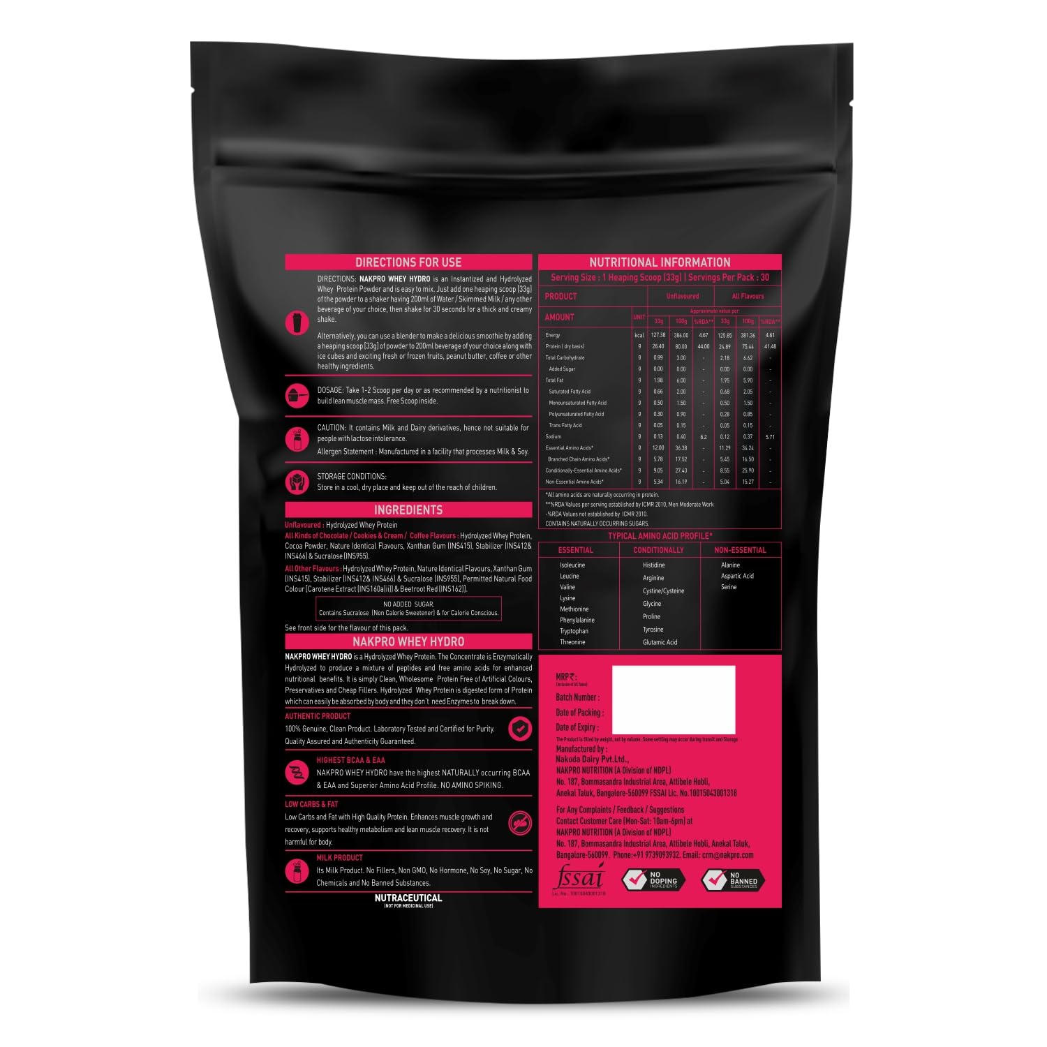 NAKPRO HYDRO Hydrolyzed Whey Protein Powder, 1kg, Dietary Supplement for Adults - front view