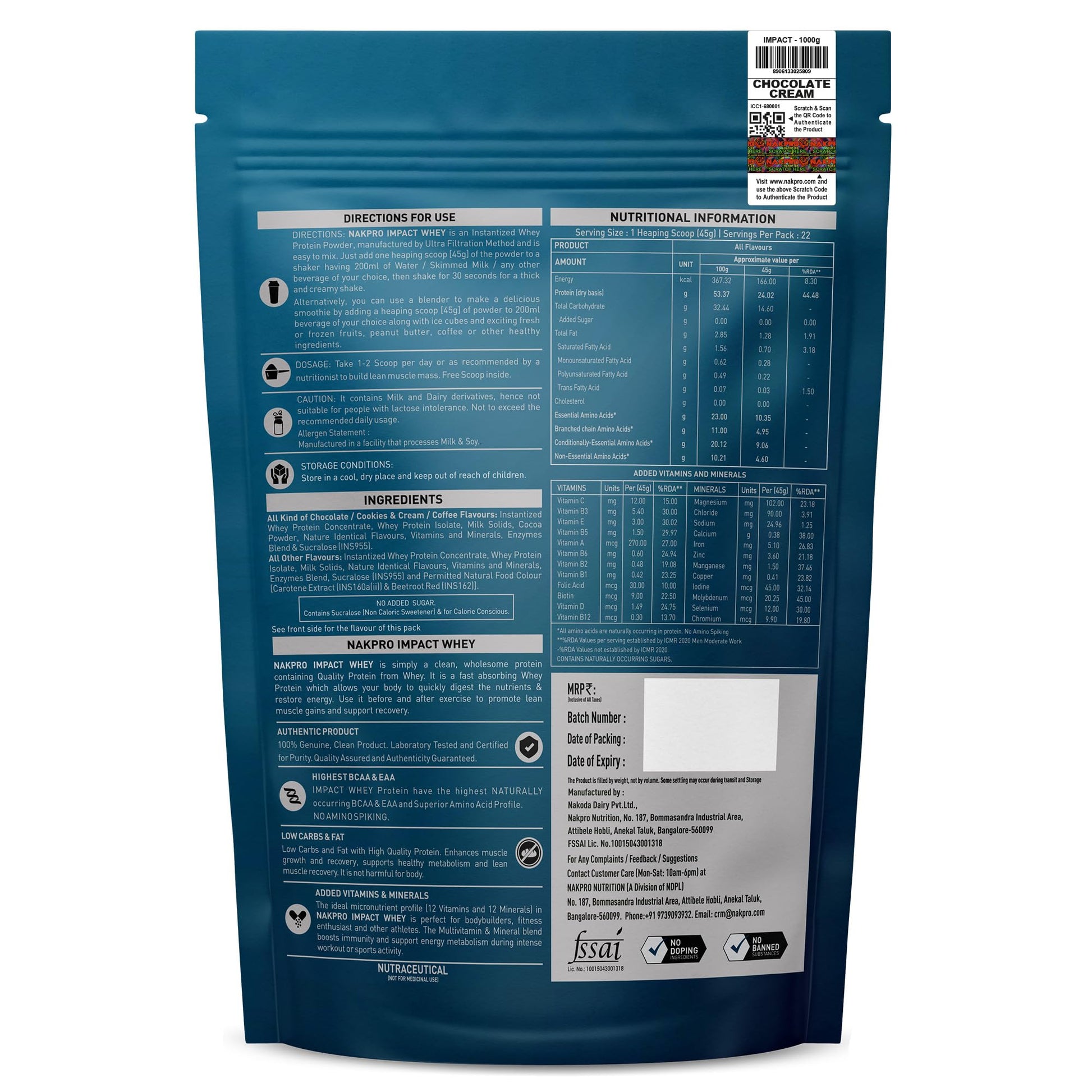 NAKPRO Impact Whey Protein Powder, 1 kg, Isolate & Concentrate Blend with Digestive Enzymes, Vitamins & Minerals - front view